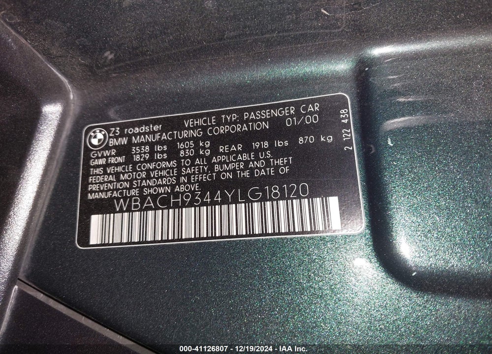2000 BMW Z3 2.3 VIN: WBACH9344YLG18120