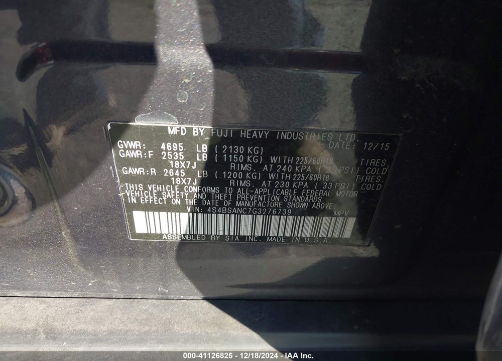 2016 SUBARU OUTBACK 2.5I LIMITED VIN: 4S4BSANC7G3276739