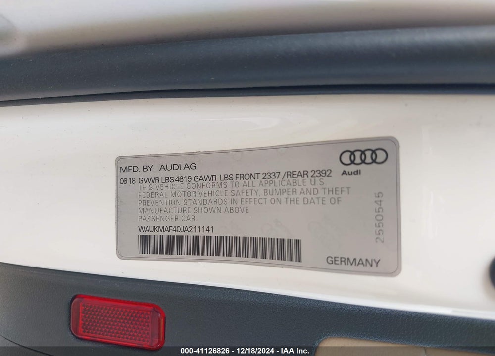 2018 AUDI A4 2.0T TECH ULTRA PREMIUM/2.0T ULTRA PREMIUM VIN: WAUKMAF40JA211141