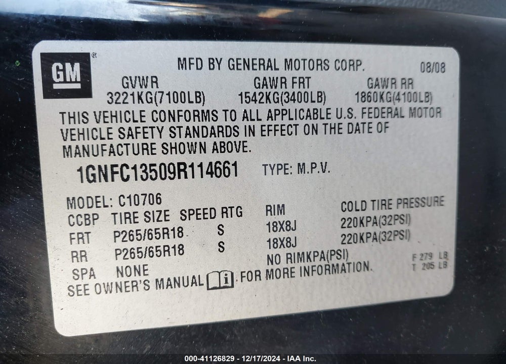 2009 CHEVROLET TAHOE HYBRID VIN: 1GNFC13509R114661