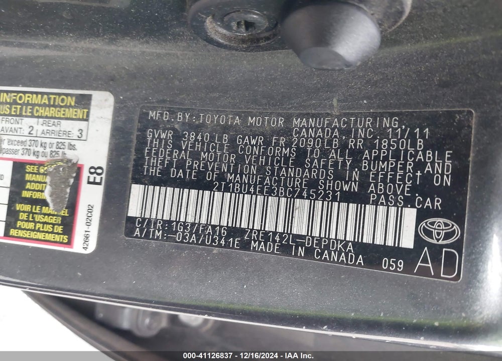 2011 TOYOTA COROLLA VIN: 2T1BU4EE3BC745231