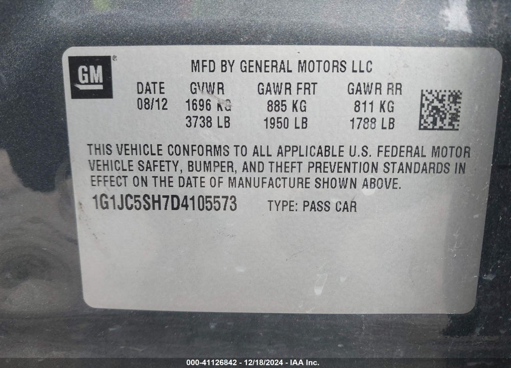 2013 CHEVROLET SONIC LT AUTO VIN: 1G1JC5SH7D4105573
