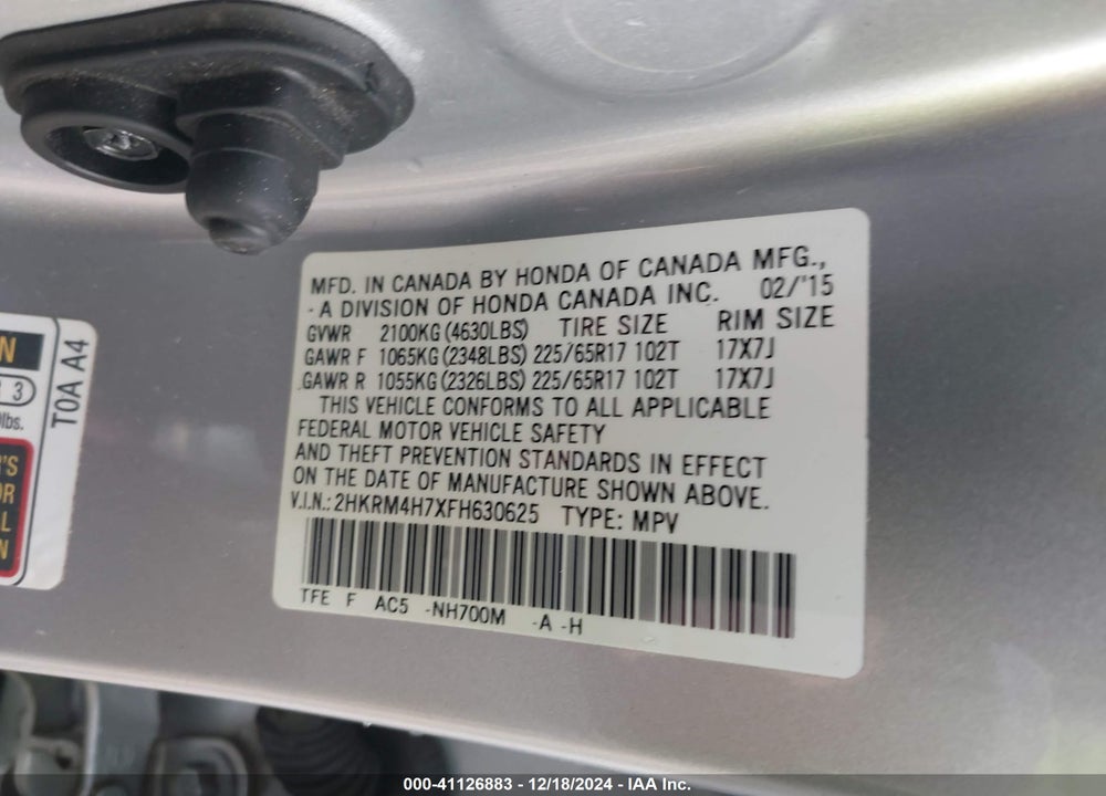 2015 HONDA CR-V EX-L VIN: 2HKRM4H7XFH630625