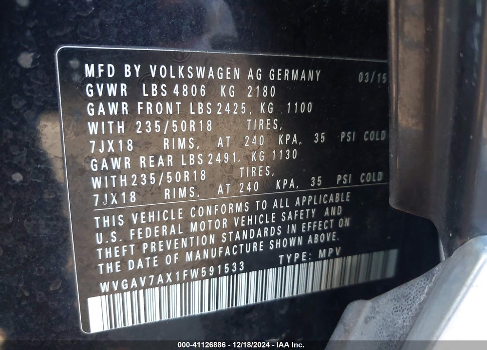 2015 VOLKSWAGEN TIGUAN SE VIN: WVGAV7AX1FW591533