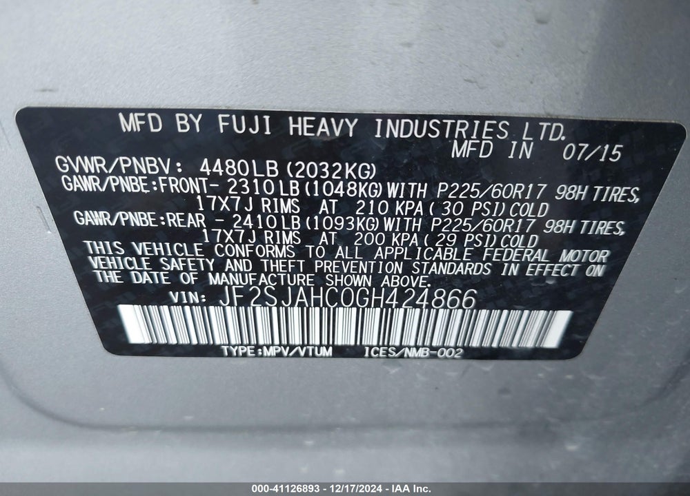 2016 SUBARU FORESTER 2.5I LIMITED VIN: JF2SJAHC0GH424866