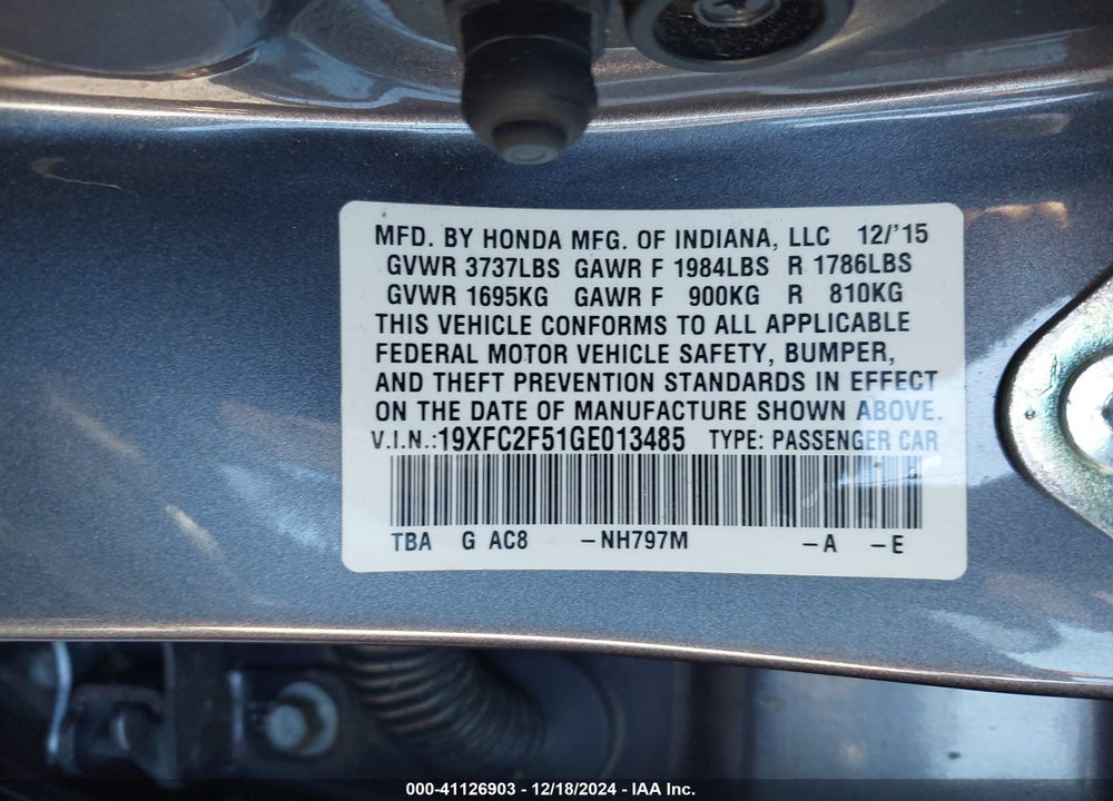 2016 HONDA CIVIC VIN: 19XFC2F51GE013485