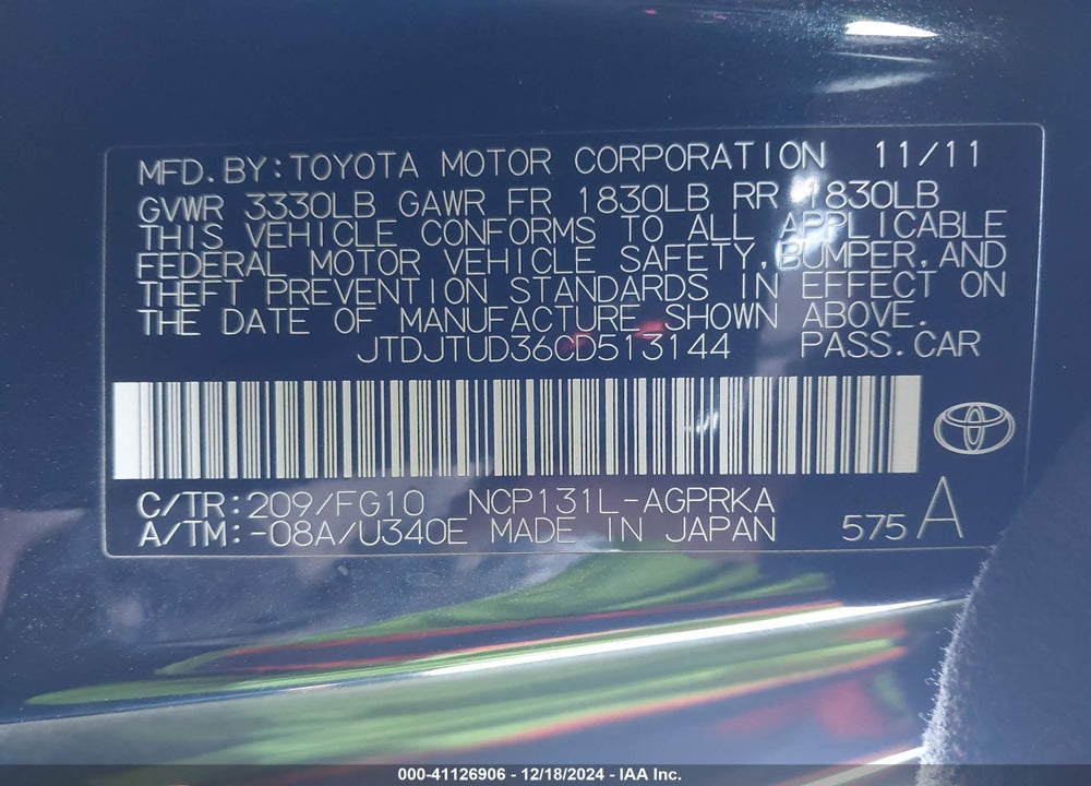 2012 TOYOTA YARIS LE VIN: JTDJTUD36CD513144