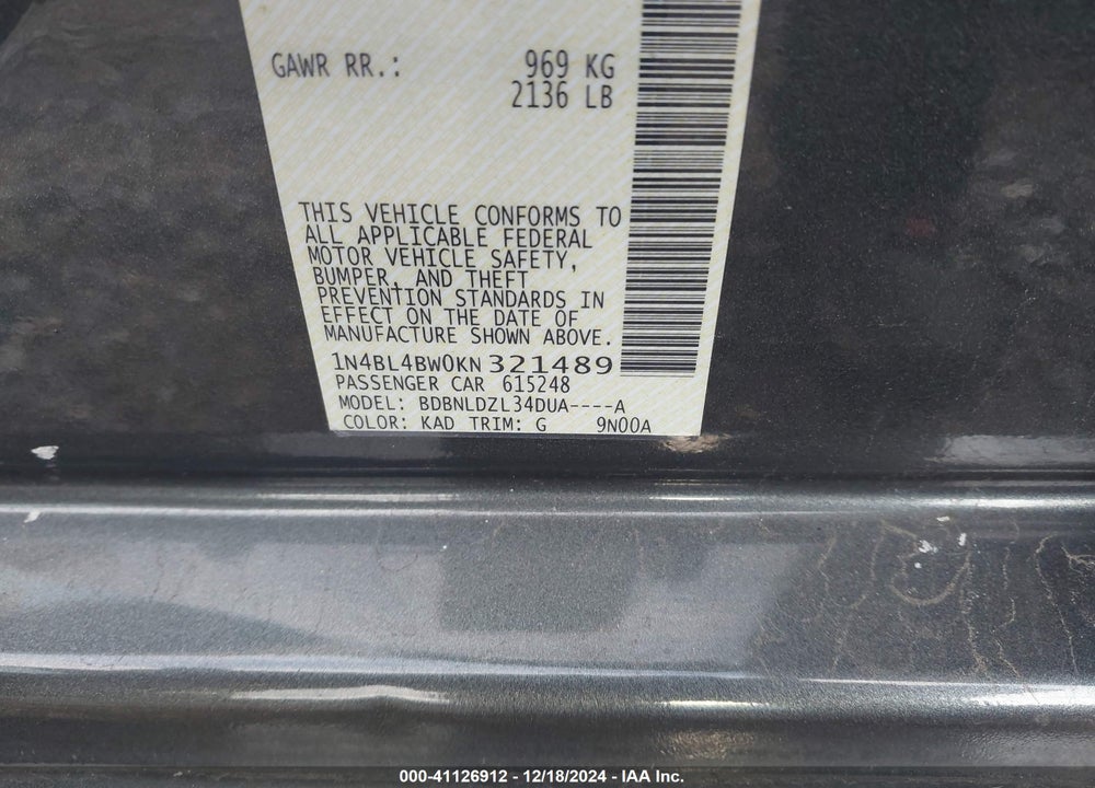 2019 NISSAN ALTIMA VIN: 1N4BL4BW0KN321489