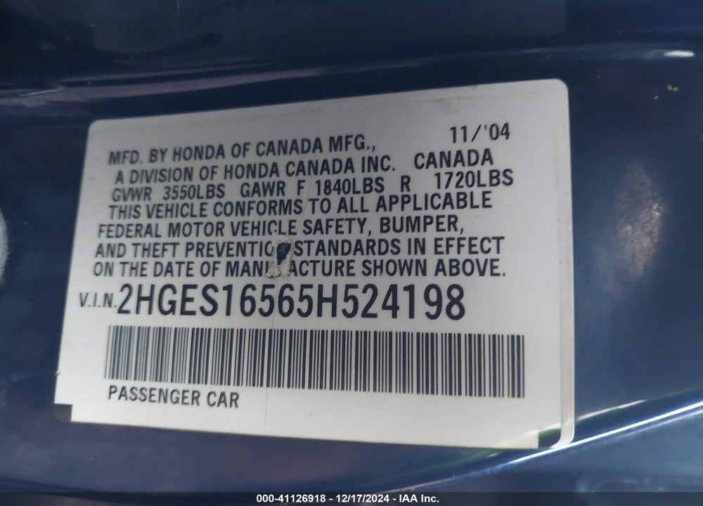 2005 HONDA CIVIC LX VIN: 2HGES16565H524198