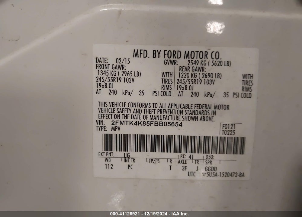 2015 FORD EDGE TITANIUM VIN: 2FMTK4K85FBB05654