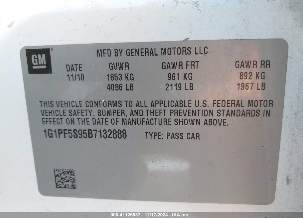 2011 CHEVROLET CRUZE 1LT VIN: 1G1PF5S95B7132888