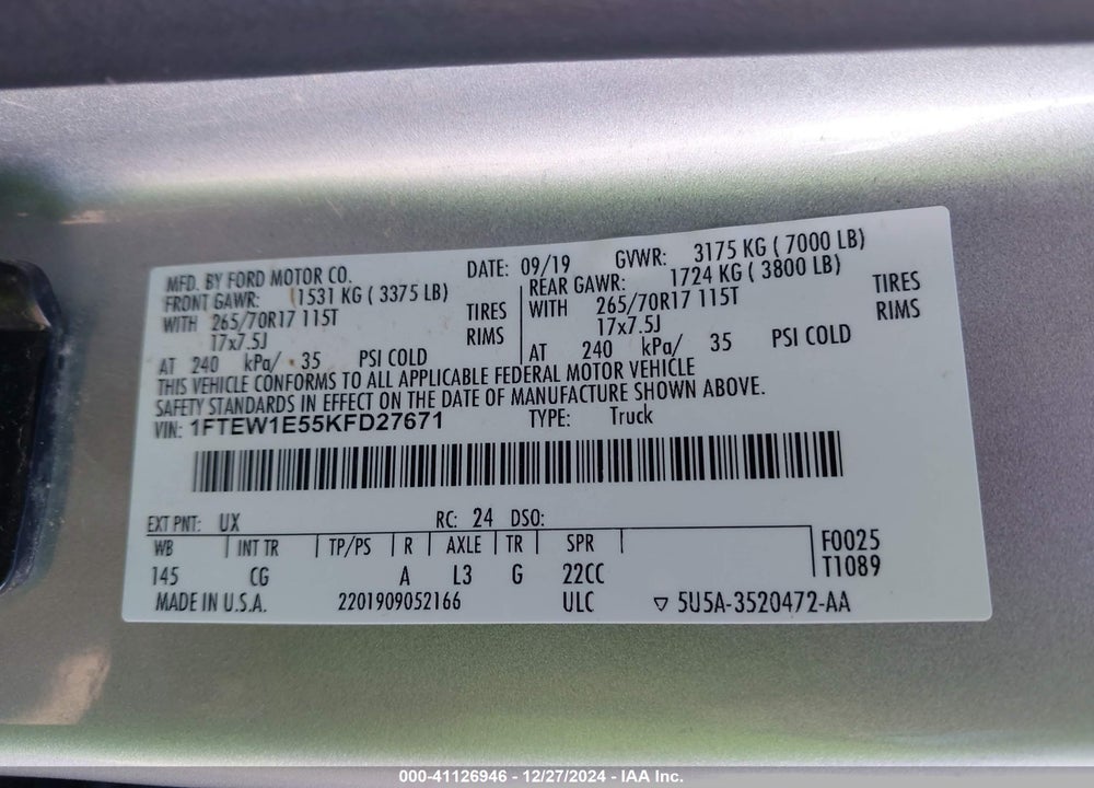 2019 FORD F150 VIN: 1FTEW1E55KFD27671