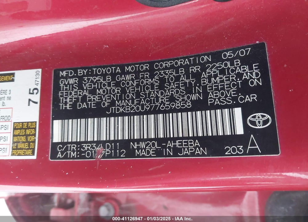 2007 TOYOTA PRIUS VIN: JTDKB20U977659858