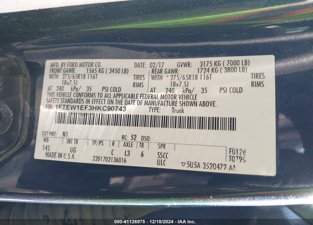 2017 FORD F150 VIN: 1FTEW1EF3HKC90743