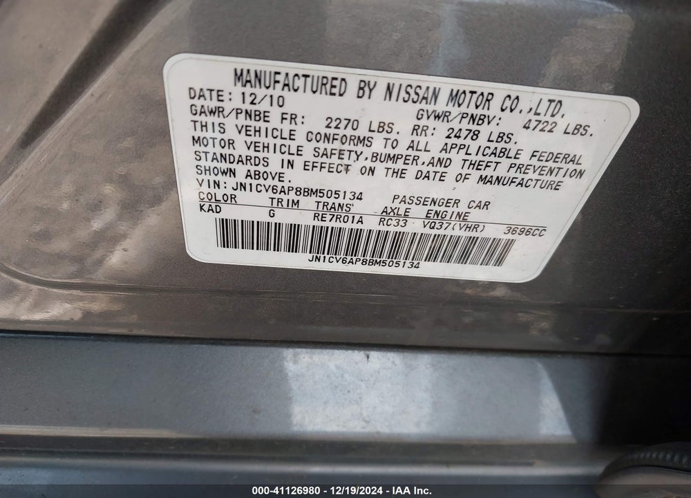 2011 INFINITI G37 JOURNEY VIN: JN1CV6AP8BM505134