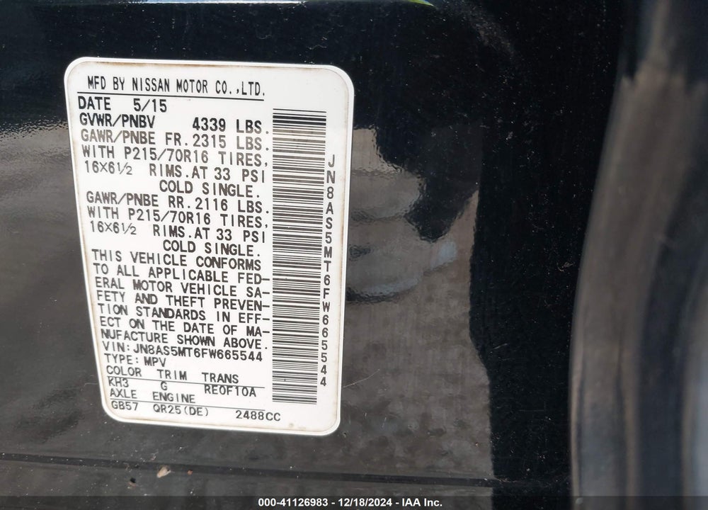 2015 NISSAN ROGUE SELECT S VIN: JN8AS5MT6FW665544