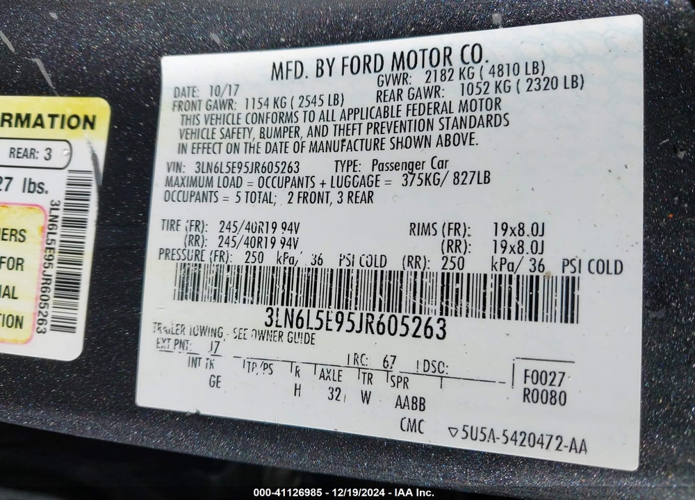 2018 LINCOLN MKZ VIN: 3LN6L5E95JR605263