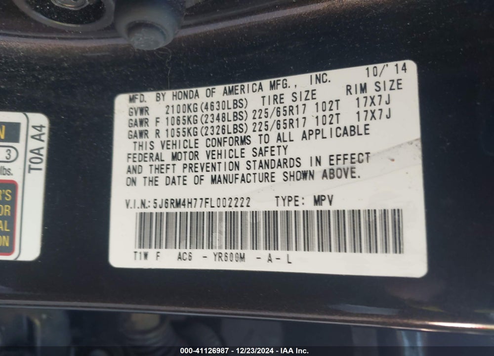 2015 HONDA CR-V EX-L VIN: 5J6RM4H77FL002222