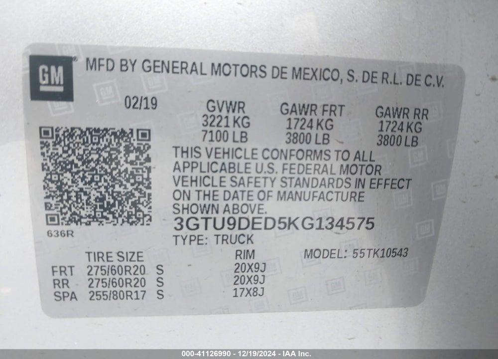 2019 GMC SIERRA 1500 VIN: 3GTU9DED5KG134575