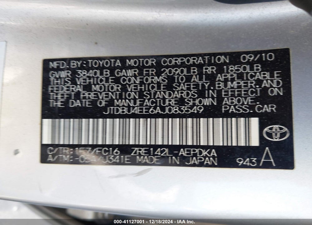 2010 TOYOTA COROLLA VIN: JTDBU4EE6AJ083549