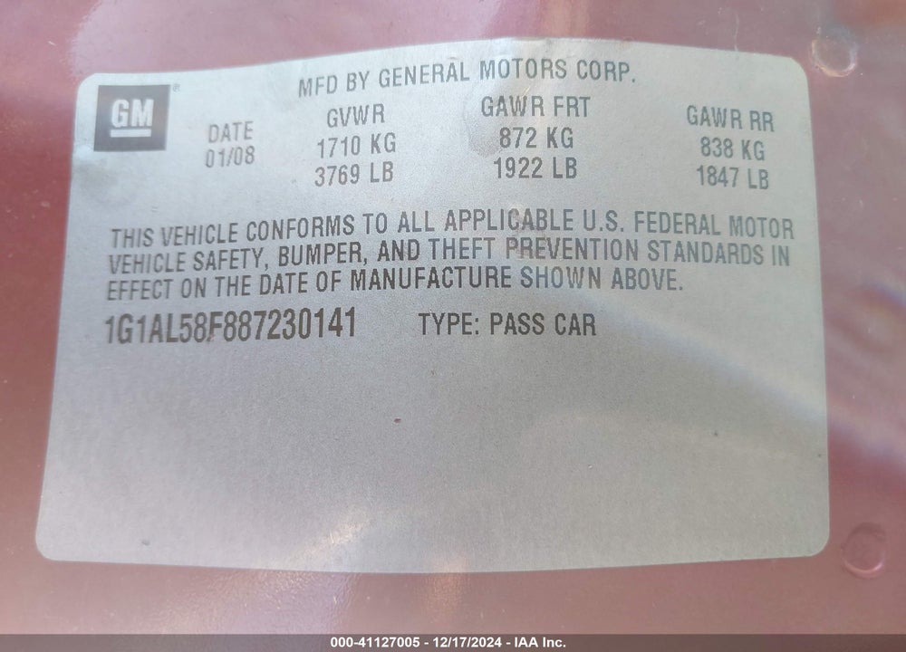 2008 CHEVROLET COBALT LT VIN: 1G1AL58F887230141