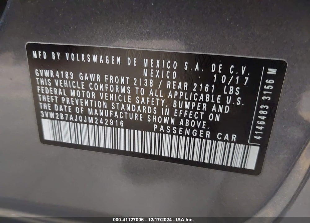2018 VOLKSWAGEN JETTA 1.4T S VIN: 3VW2B7AJ0JM242916