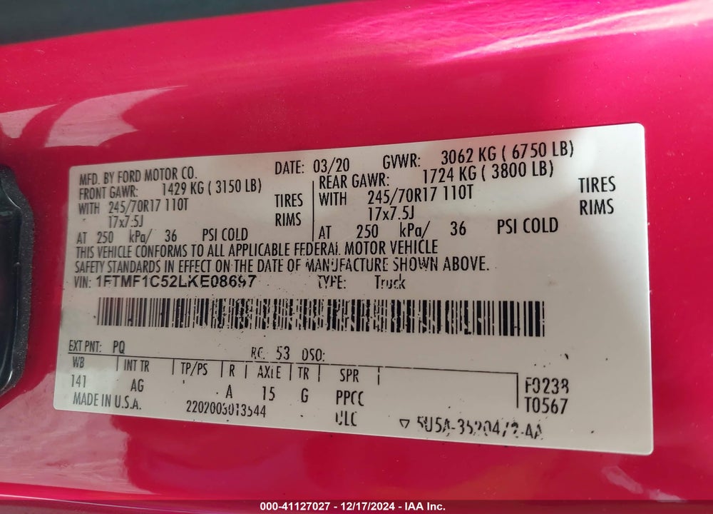 2020 FORD F-150 XL VIN: 1FTMF1C52LKE08697