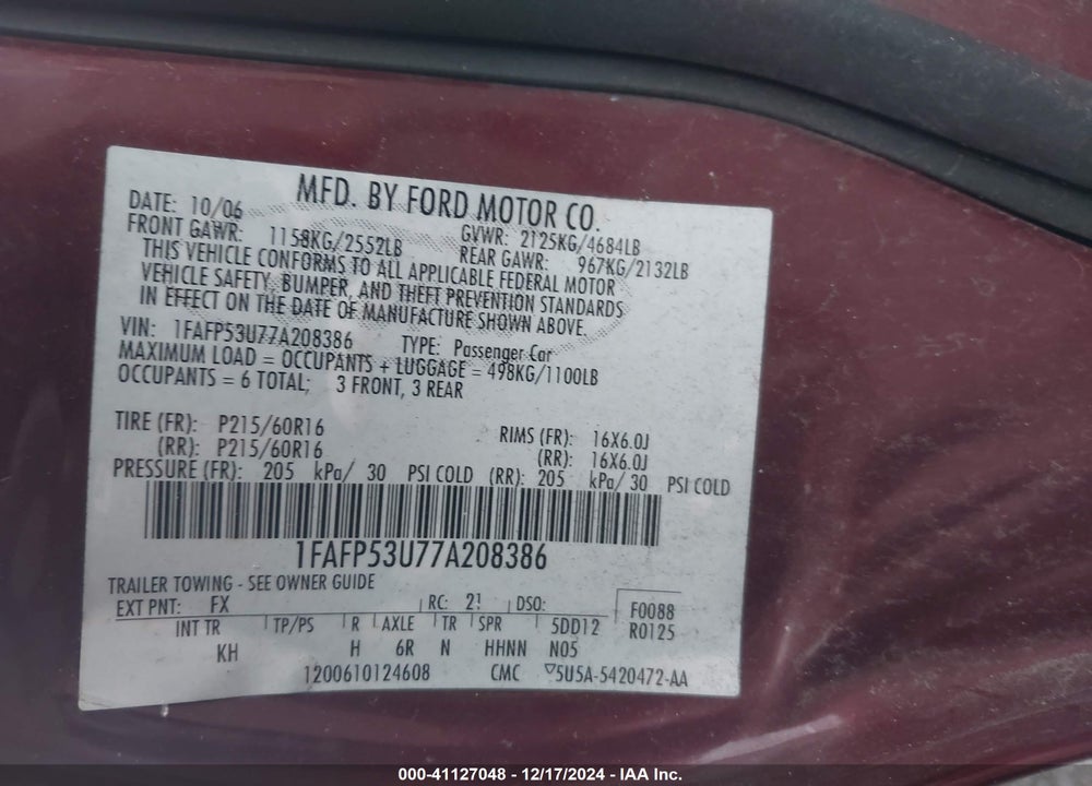 2007 FORD TAURUS VIN: 1FAFP53U77A208386
