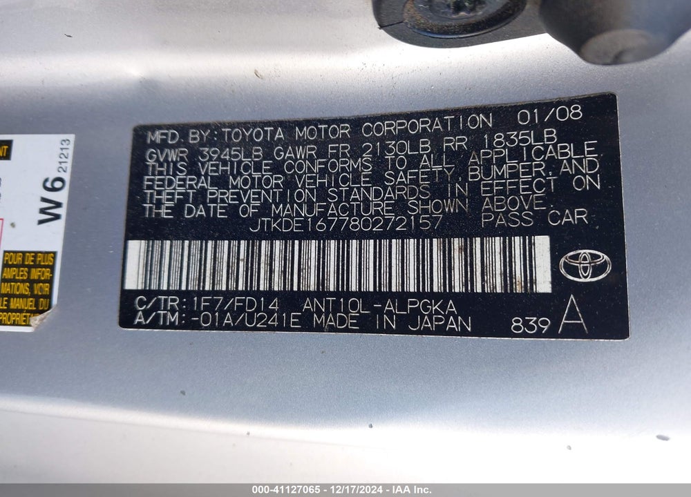2008 SCION TC VIN: JTKDE167780272157