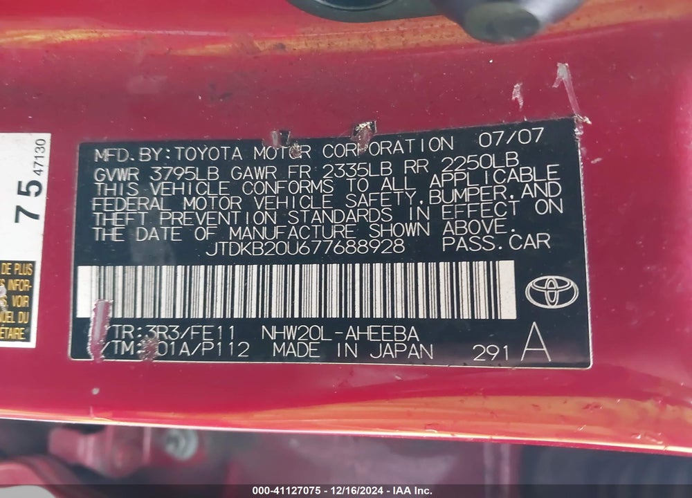2007 TOYOTA PRIUS VIN: JTDKB20U677688928