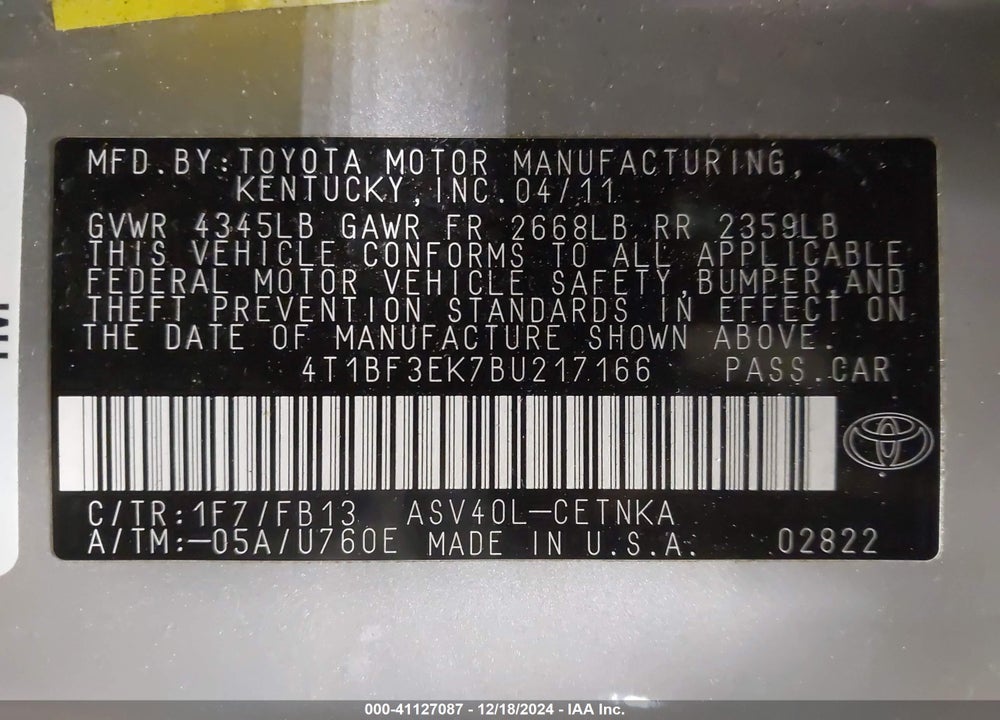 2011 TOYOTA CAMRY LE VIN: 4T1BF3EK7BU217166