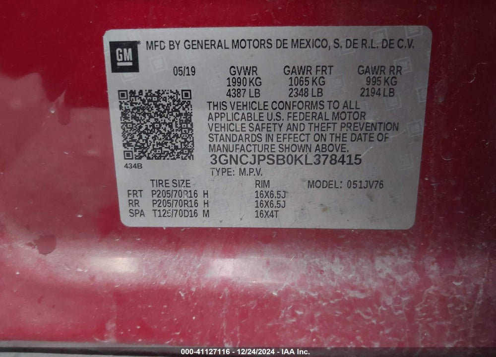 2019 CHEVROLET TRAX LT VIN: 3GNCJPSB0KL378415