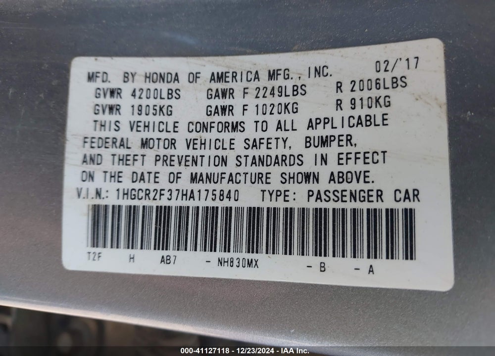 2017 HONDA ACCORD LX VIN: 1HGCR2F37HA175840