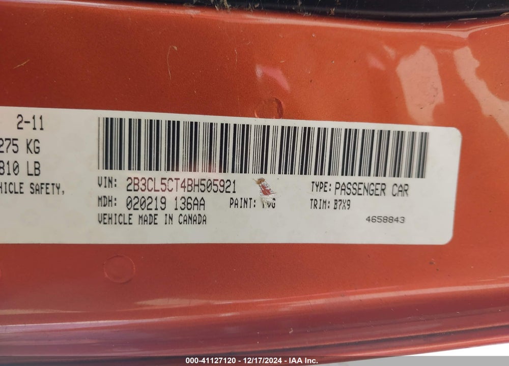 2011 DODGE CHARGER R/T VIN: 2B3CL5CT4BH505921