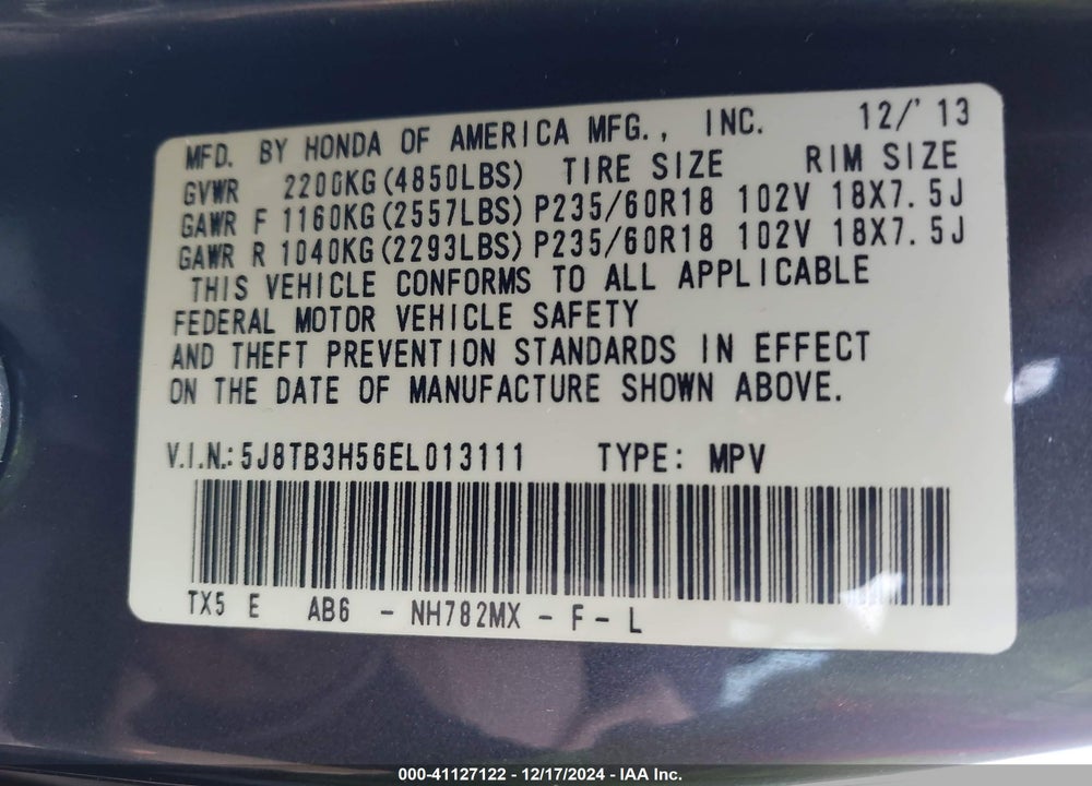 2014 ACURA RDX VIN: 5J8TB3H56EL013111