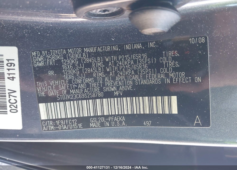 2009 TOYOTA SIENNA LE VIN: 5TDZK23C69S258780