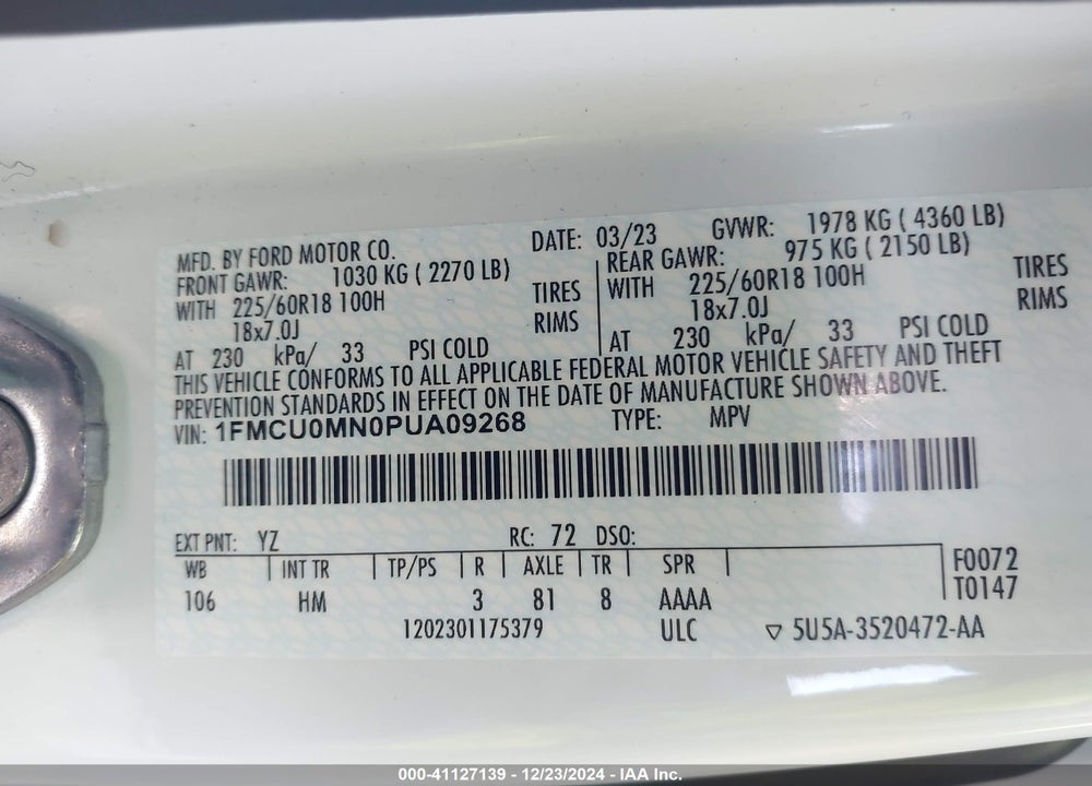2023 FORD ESCAPE ST LINE VIN: 1FMCU0MN0PUA09268