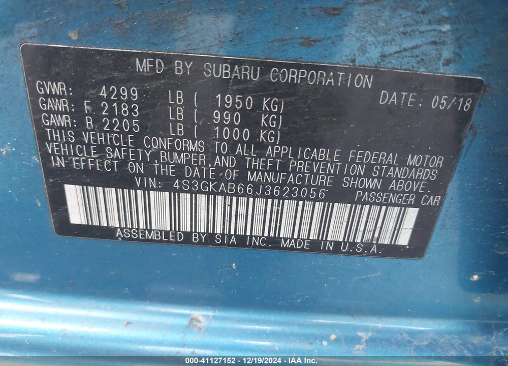 2018 SUBARU IMPREZA VIN: 4S3GKAB66J3623056