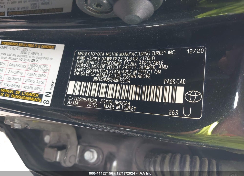 2021 TOYOTA C-HR XLE VIN: NMTKHMBX9MR122554
