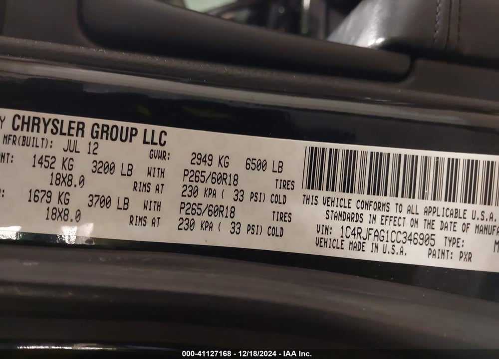 2012 JEEP GRAND CHEROKEE LAREDO VIN: 1C4RJFAG1CC346905