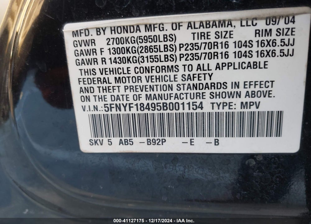 2005 HONDA PILOT EX VIN: 5FNYF18495B001154