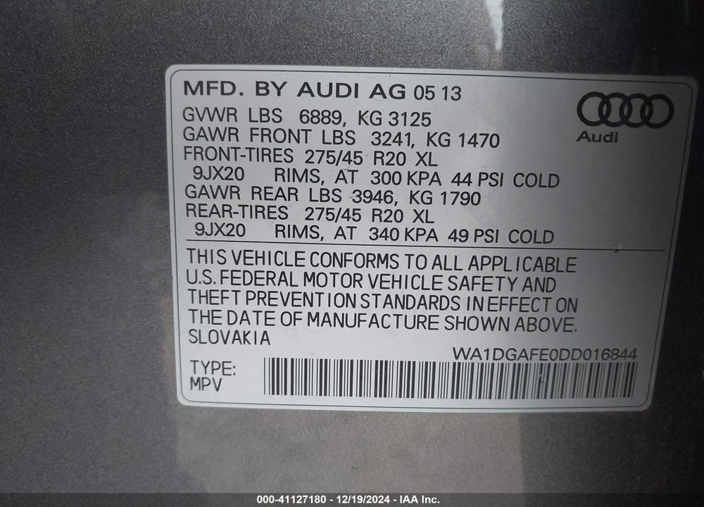 2013 AUDI Q7 3.0T S LINE PRESTIGE VIN: WA1DGAFE0DD016844