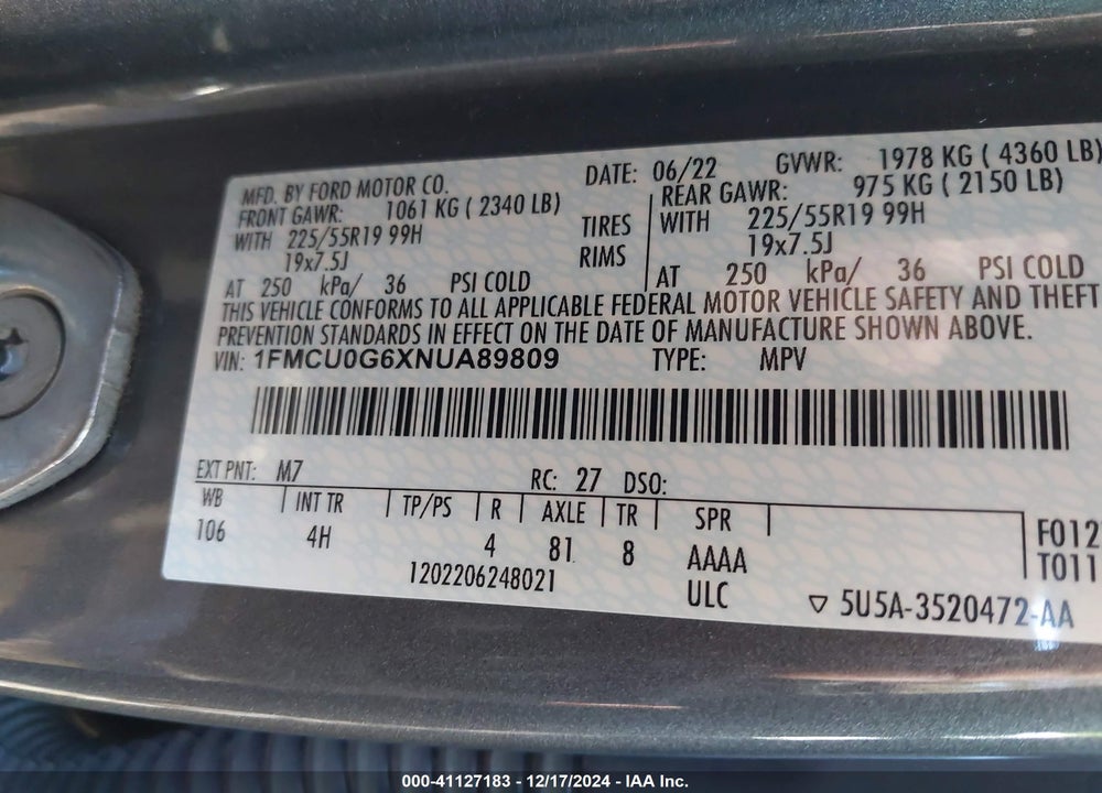 2022 FORD ESCAPE SE VIN: 1FMCU0G6XNUA89809