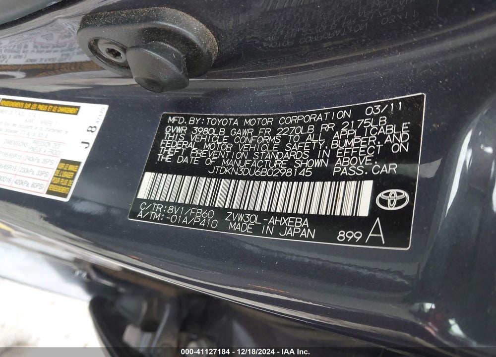 2011 TOYOTA PRIUS TWO VIN: JTDKN3DU6B0298145