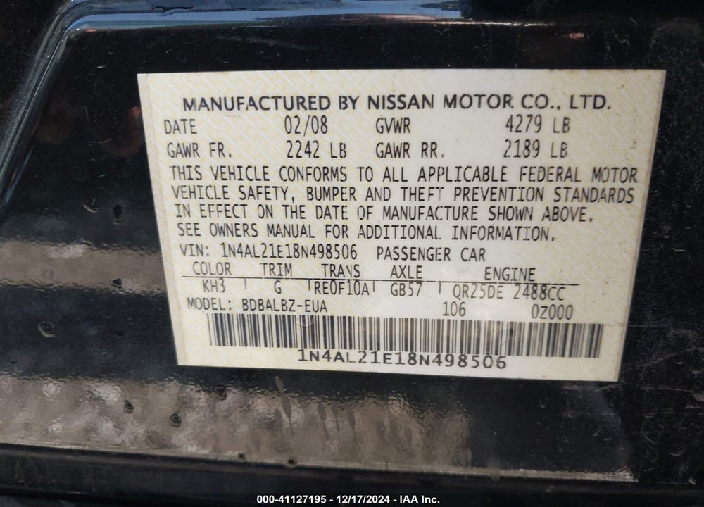 2008 NISSAN ALTIMA 2.5 S VIN: 1N4AL21E18N498506