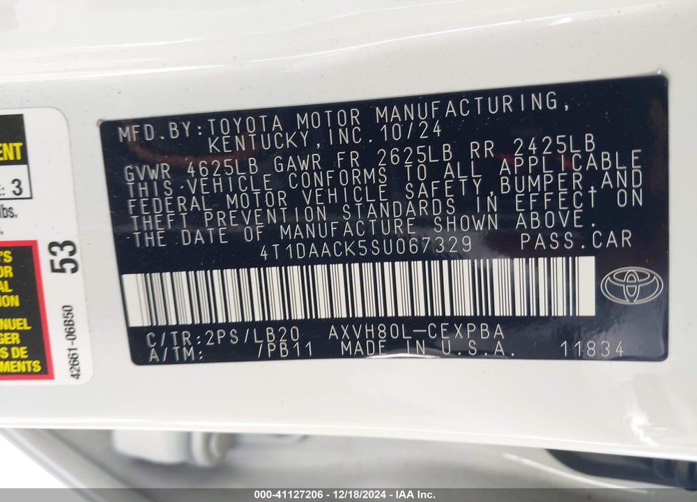 2025 TOYOTA CAMRY VIN: 4T1DAACK5SU067329