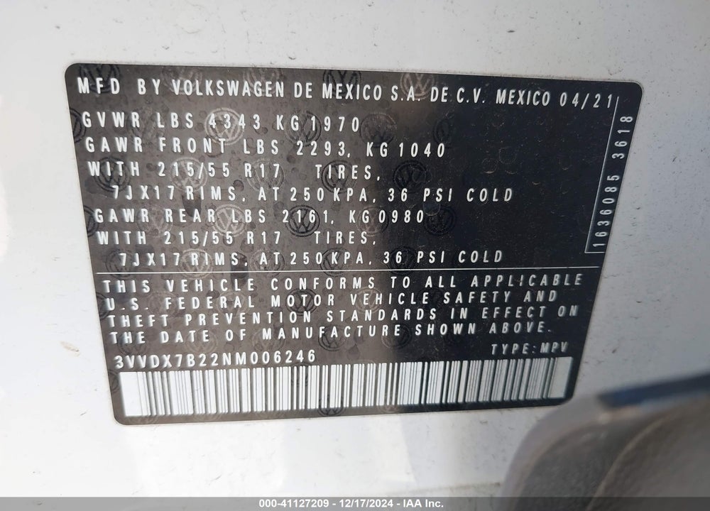 2022 VOLKSWAGEN TAOS 1.5T S VIN: 3VVDX7B22NM006246