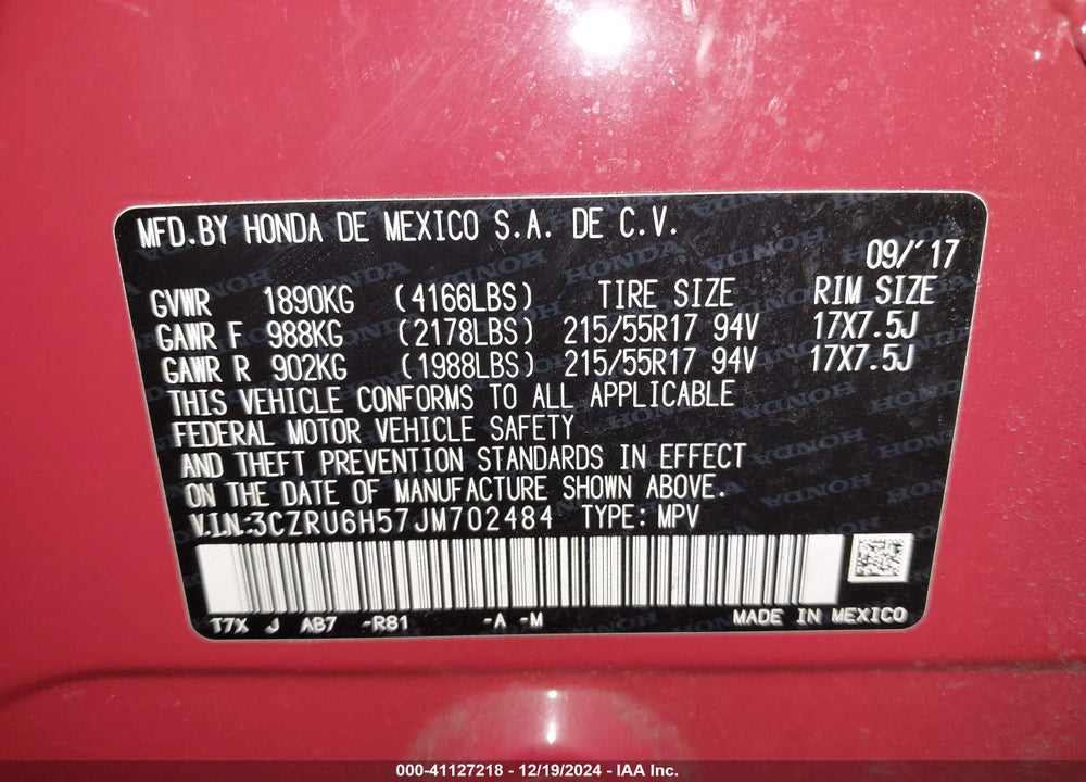 2018 HONDA HR-V EX VIN: 3CZRU6H57JM702484