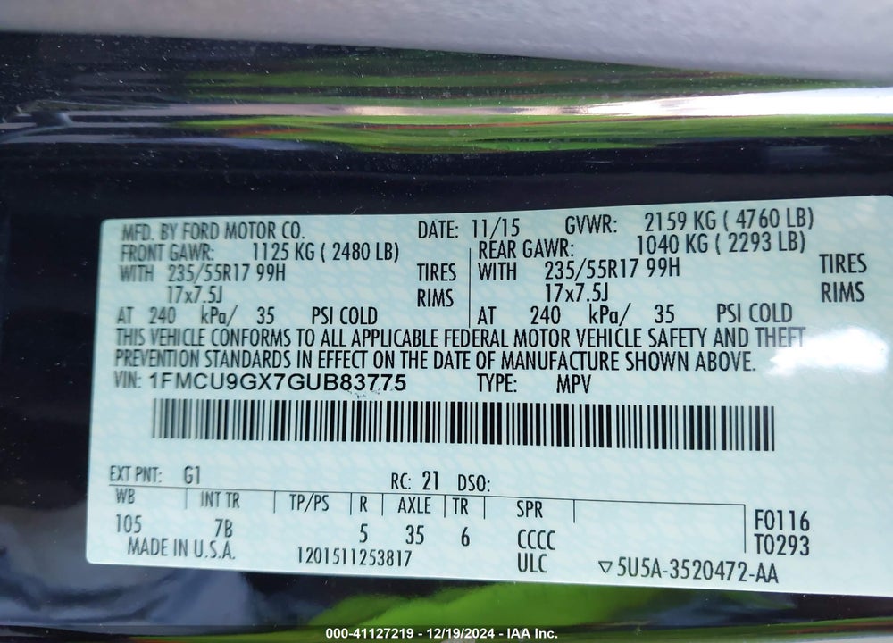 2016 FORD ESCAPE SE VIN: 1FMCU9GX7GUB83775