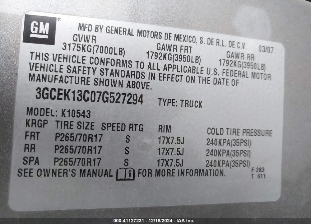 2007 CHEVROLET SILVERADO 1500 LT1 VIN: 3GCEK13C07G527294
